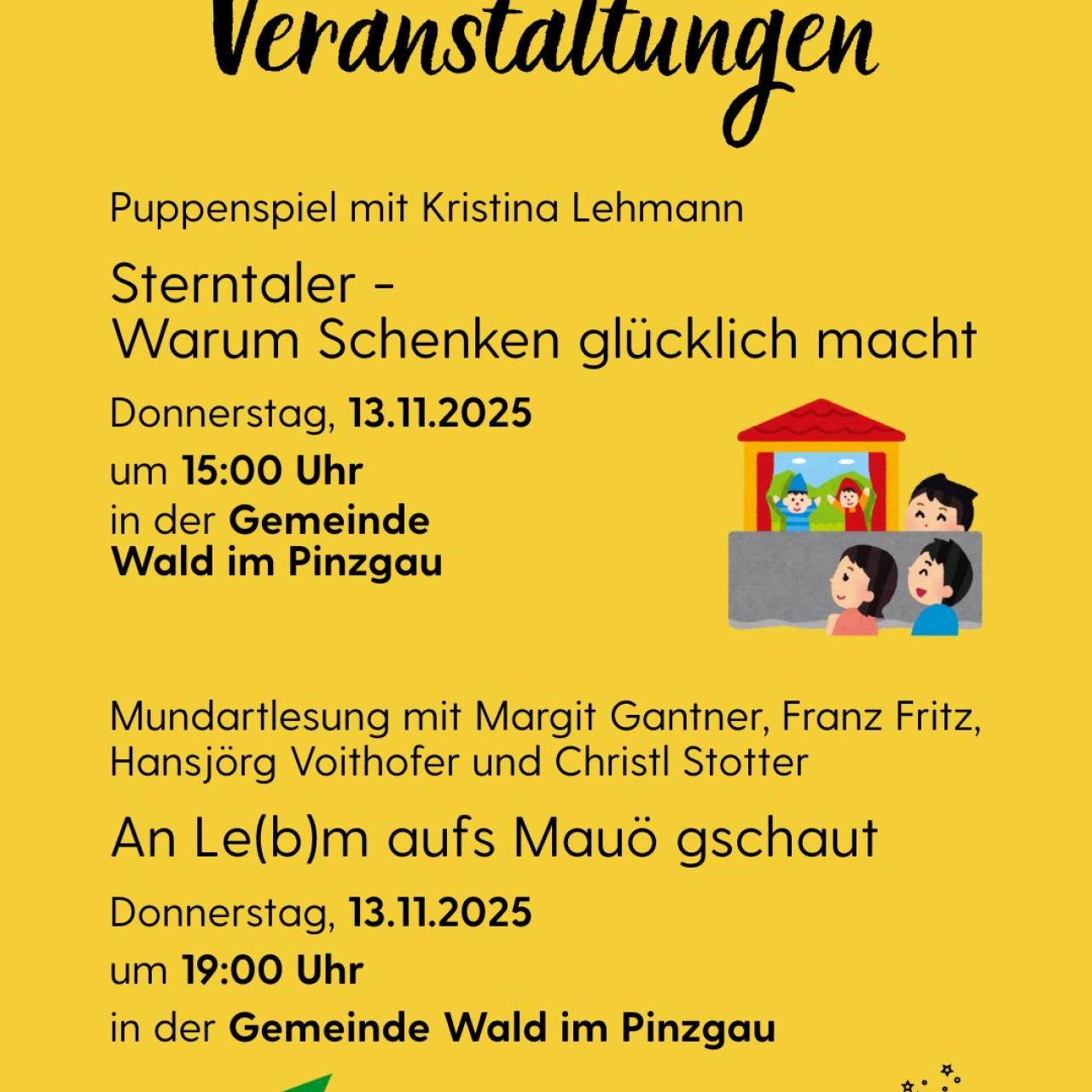 eine Einladung zum Puppenspiel und zur Mundartlesung